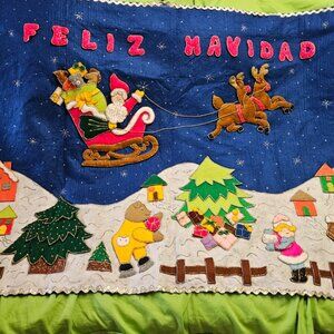 Feliz Navidad Christmas Santa Reindeer Village Tapestry 4' x 3' Applique Decor